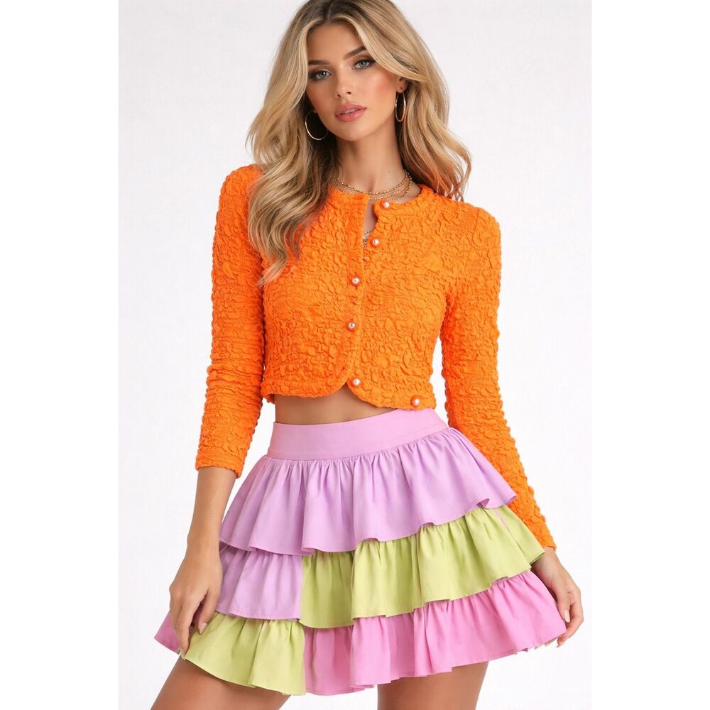 NWOT LOVESHACKFANCY Neon Tangerine Senina Crop Cardigan Sz XS, $235 D8